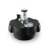 Ball lock cap for growlers with pressure indicator dial.