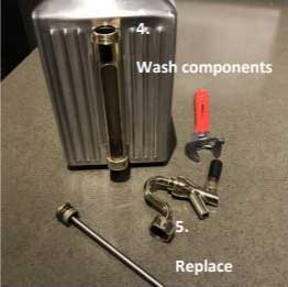 Tap assembly components from the pressurized growlers that need to be cleaned and maintained.