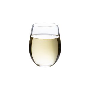 18oz stemless wine glass with white wine in it.