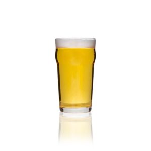 British pint glass 19oz conic style with beer in it