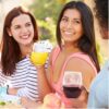 three women enjoying juice and beverages from our 20oz stemless wine glasses.