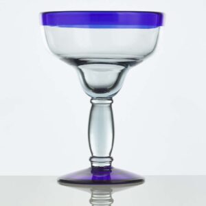 handblown 13.75 oz margarita glass with cobalt blue rim on a white background.