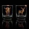 buck and bull double old fashioned whiskey glasses on a black background.