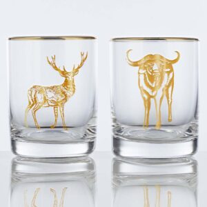 buck and bull double old fashioned whiskey glass with gold inlays.