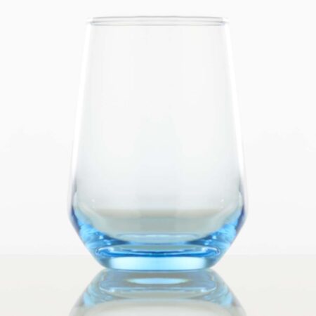 13oz tumbler glass with blue accent and heavy bottom. Italian style glass.