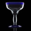 blue rimmed 13.75 oz handblown margarita glass on a black background.