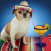 a dog with a hat on drinking from a margarita glass.