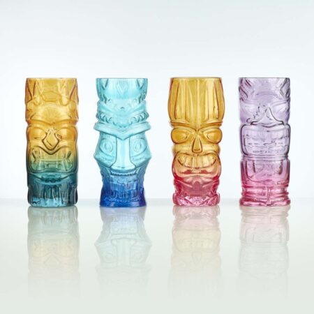 set of 4 multicolor 16oz tiki glasses for fun and fruity beverages under the sun!