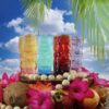 pedestal view of 4 multicolored 16oz Tiki glasses.