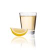 a 1.75oz shot of tequila with a lemon on a reflective white background.