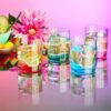 set of multi colored bottom 11.75 oz every day glasses on a festive table setting.