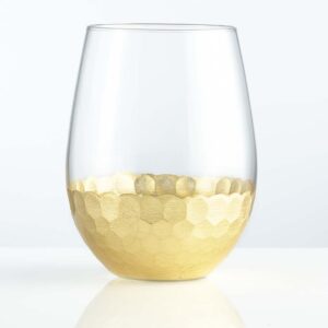 18oz stemless wine glass with a hammered gold metal base.