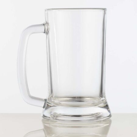 16oz german inspired heavy glass beer mug on a white background.