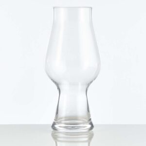 footed 18 oz balloon glass, great for IPA, Stout, Belgian, and sour beers! Placed on a white background.