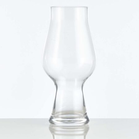 footed 18 oz balloon glass, great for IPA, Stout, Belgian, and sour beers! Placed on a white background.