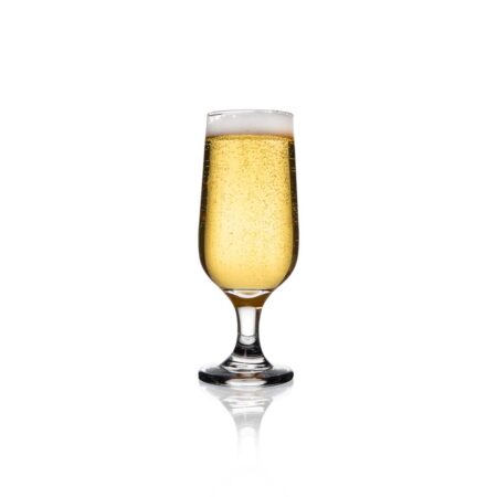 8.75oz footed beer glass on a white background filled with beer.