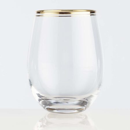 elegant 18oz gold rimmed stemless wine glass.