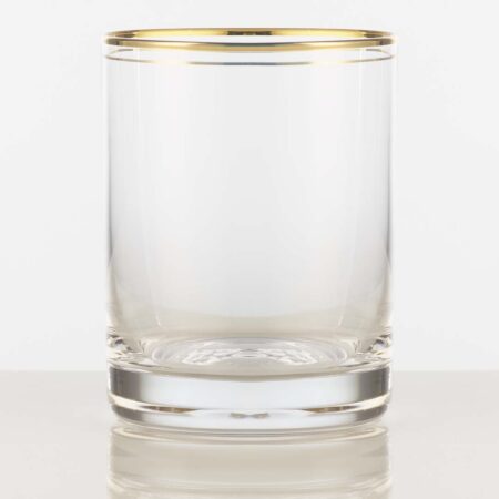 hand painted gold rimmed 11.75 ounce whisky double old fashion glass on a white background.