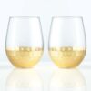 set of 2 18oz stemless wine glasses with hammered gold motif base.