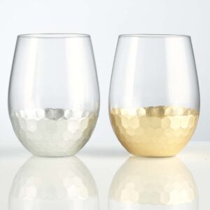 18 oz stemless wine glass with a hammered gold and platinum base.
