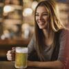 woman enjoying a pilsner at a bar in an 18oz classic faceted beer mug with handle.