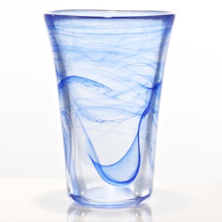 ultra modern 12.5 ounce hand blown hi-ball glass with a cobalt blue swirl.