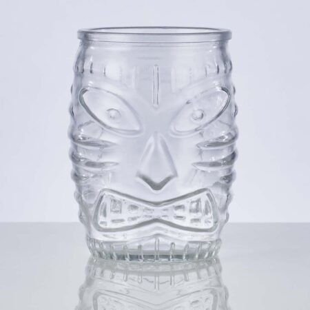 Barrel style 16oz tiki glass for cocktails on a white background.