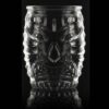 16 oz barrel tiki glass on a black background and backlit for a dramatic effect.