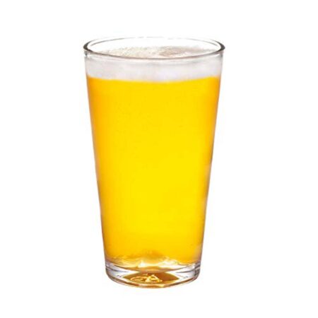 16 oz pint glass with mountain shaped nucleation points at the bottom on a white background and filled.