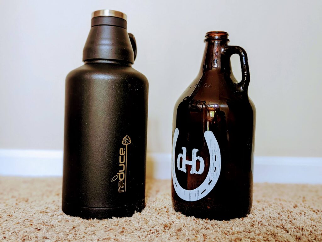 A pair of growlers next to each other. One is a standard 64 oz glass growler and the other is an aluminum or steel insulated growler.