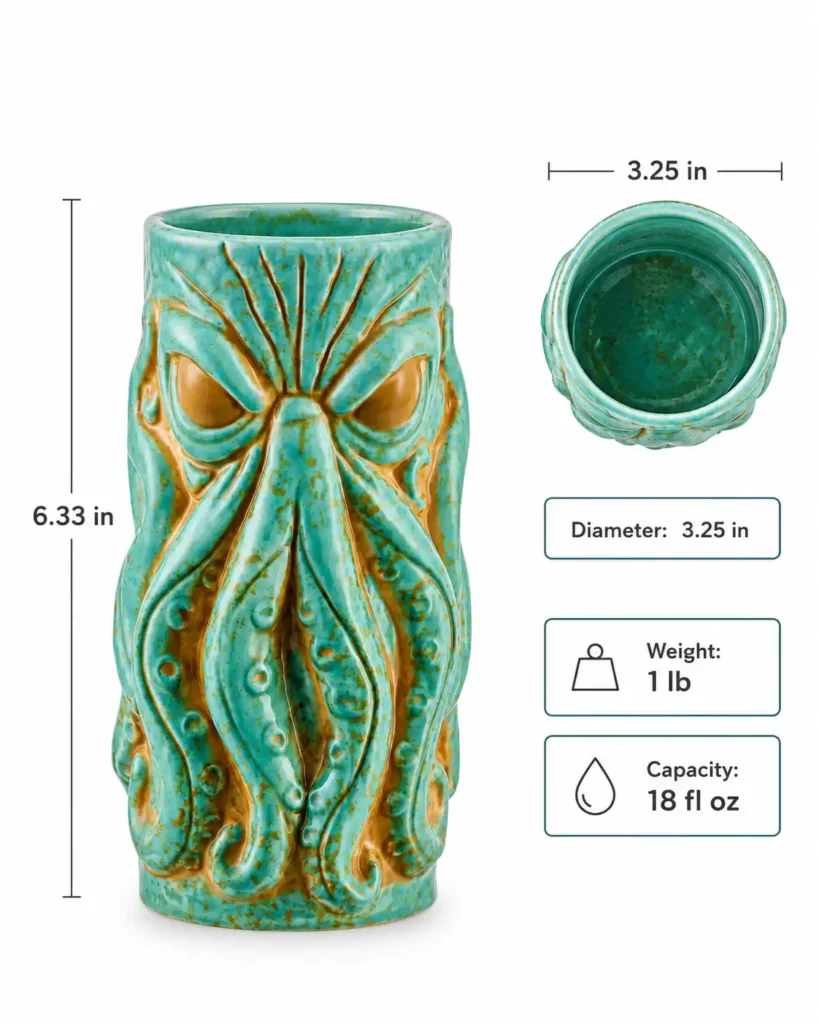 The Kraken tiki mug spec infographic