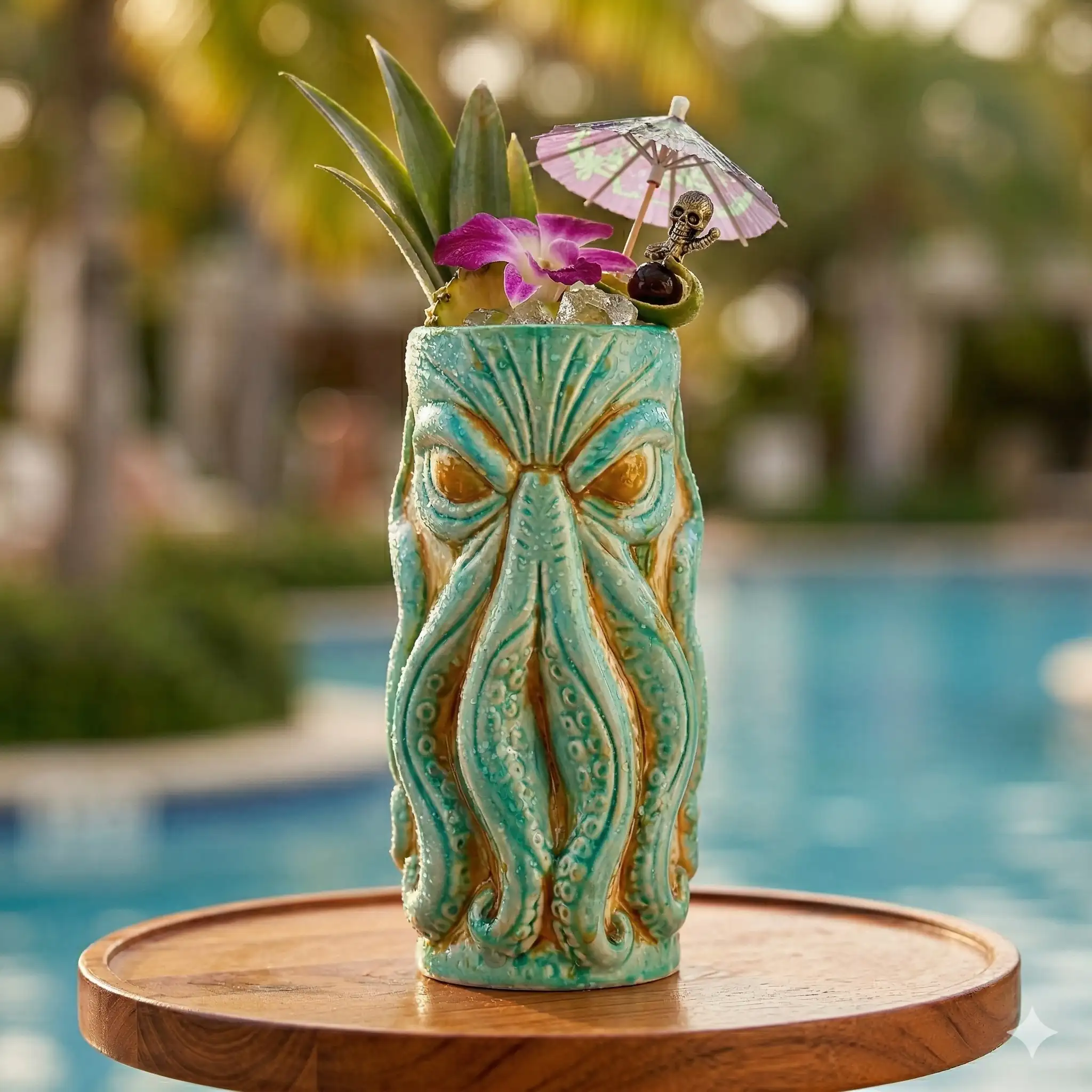 The Kraken 18 oz tiki mug on a wooden table in front of a pool with a tropical beverage inside.