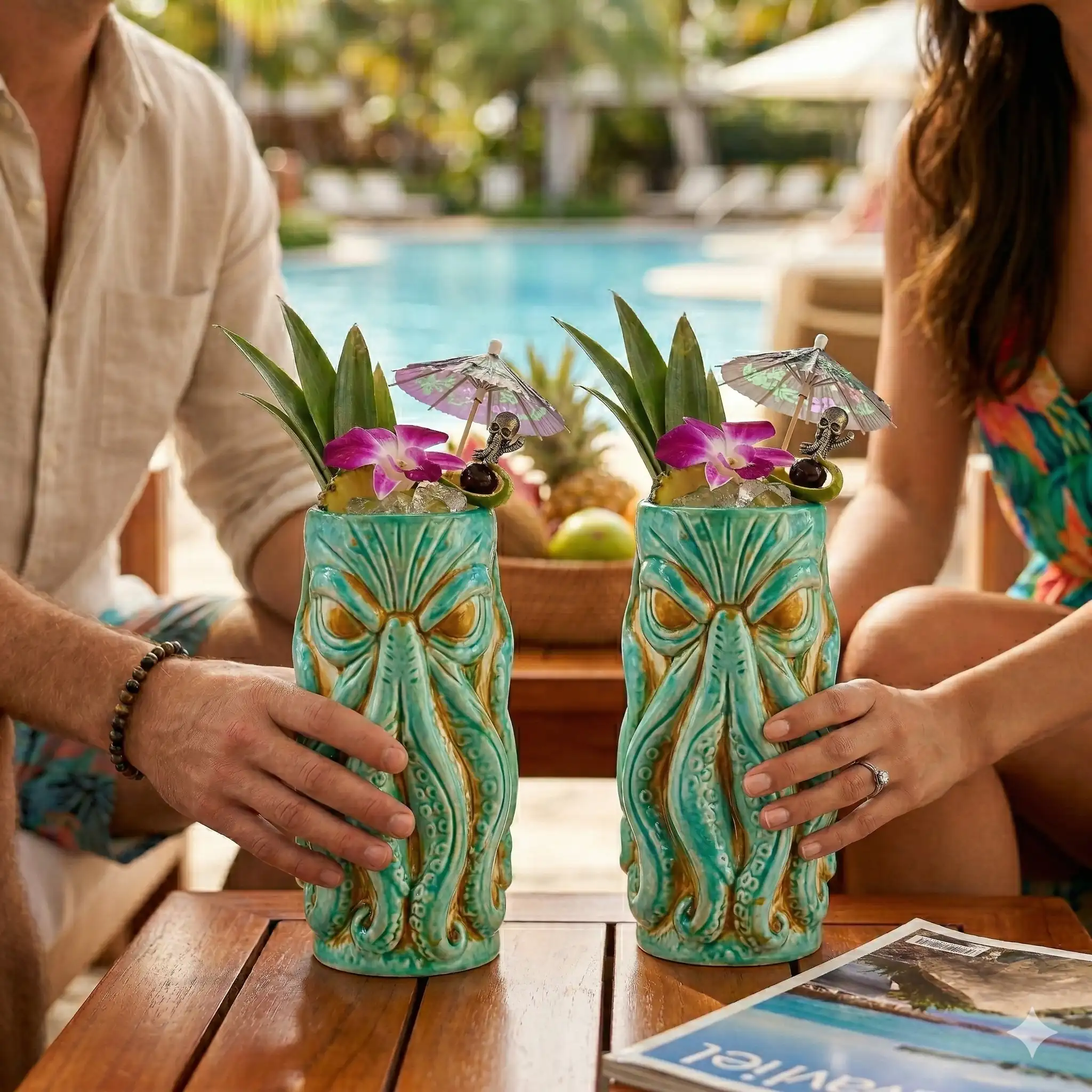 A couple sharing some poolside beverages in their Kraken tiki mugs after a long day of vacation fun!