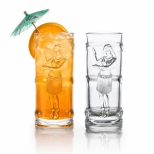16 oz thick glass tiki glass with molded hula dancer for cocktails